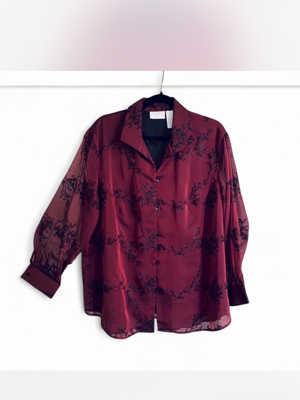 Liz Claiborne dark garnet red Sheer Floral Button-Up Blouse size 18